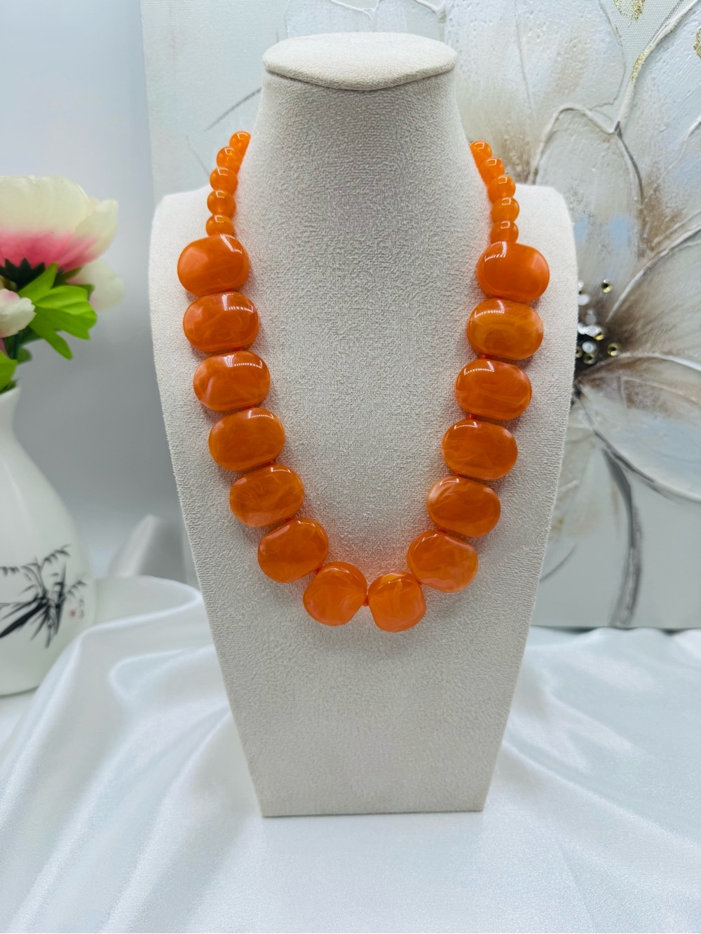 Orange Statement Beaded Necklace Silver Tone Adjustable Bold Jewelry